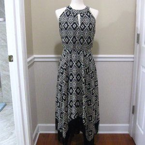Fringed Asymmetric Hem Midi Dress sz L Beige Black Chiffon